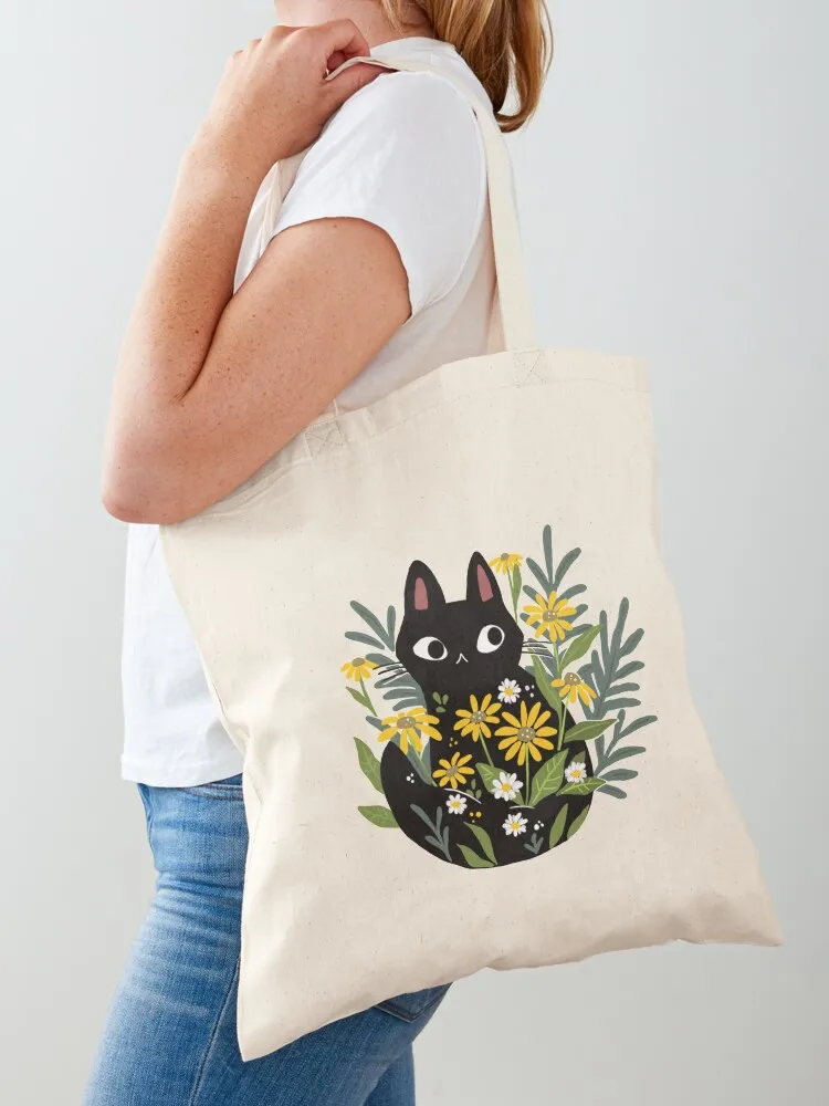 

Black cat with flowers Tote Bag custom fabric bag ecological bags tote bags men shopper bag woman