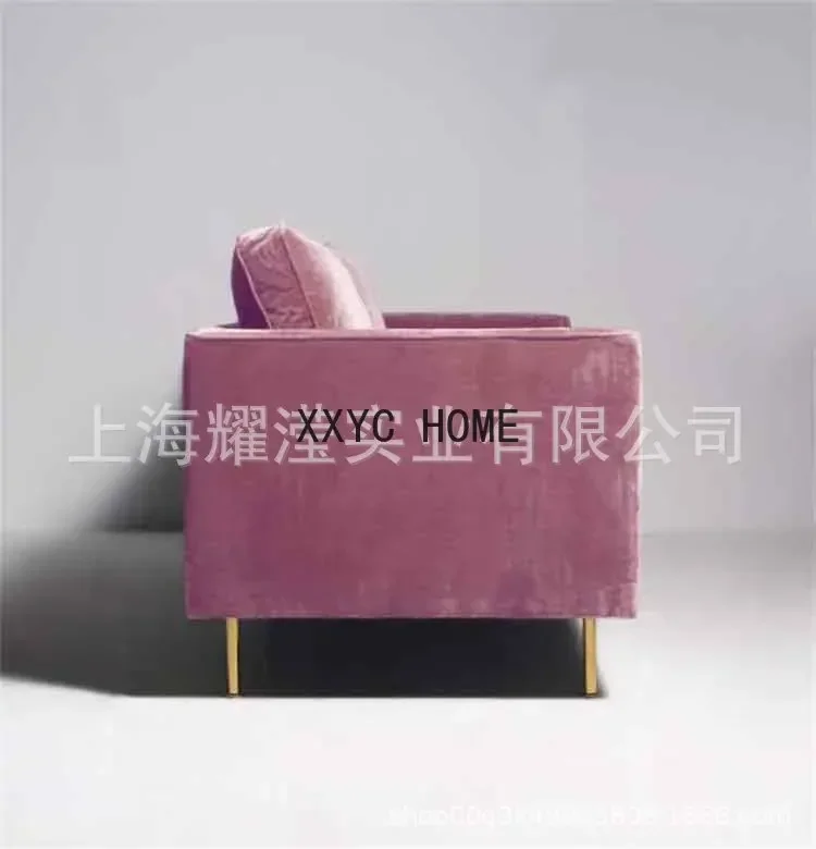Pink velvet three-person leisure sofa
