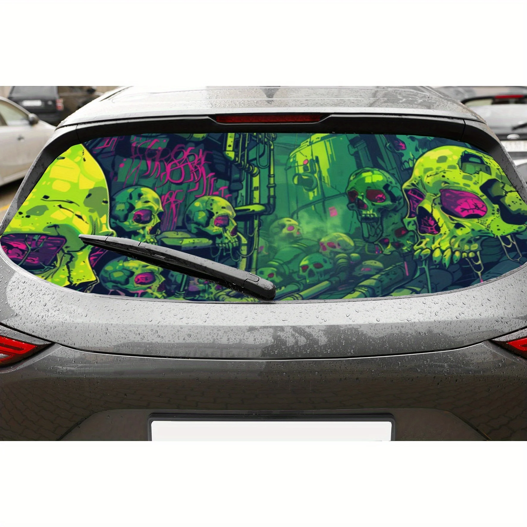 

Cyberpunk Skull Trend ПВХ перфорированные автомобильные виниловые обертывания, прочная наклейка на заднее лобовое стекло автомобиля, водонепроницаемая наклейка на заднее окно автомобиля, Pri