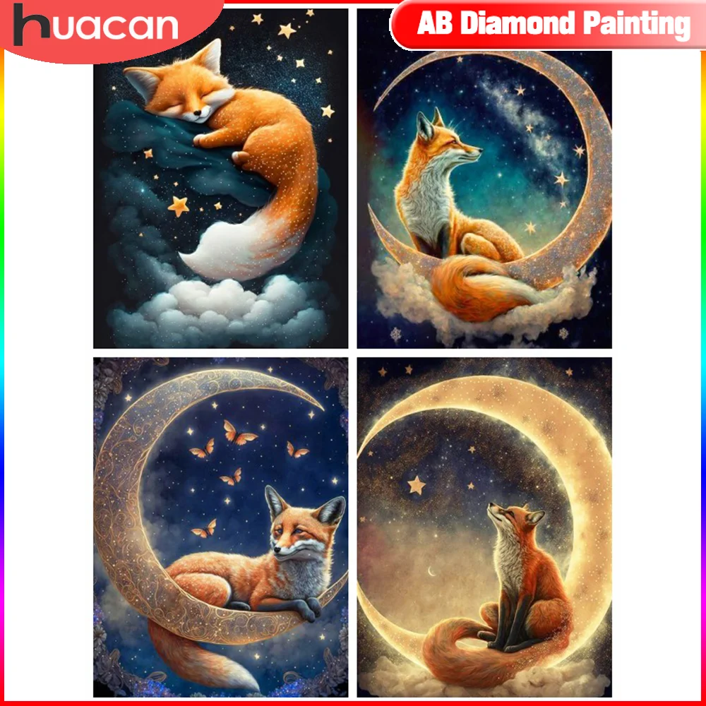 HUACAN Fox Diamond Painting New Square Rhinestones Animal 5D DIY Mosaic Moon Starry Sky Paintings For Interior