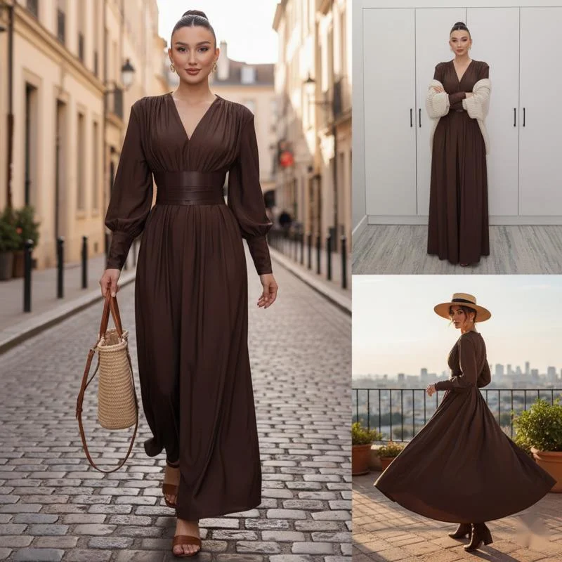 

Autumn Winter Women's Long Sleeve V-neck Dress With Belt Elegant Vintage Style High Waist Loose Fit For Casual Or Evening Wear