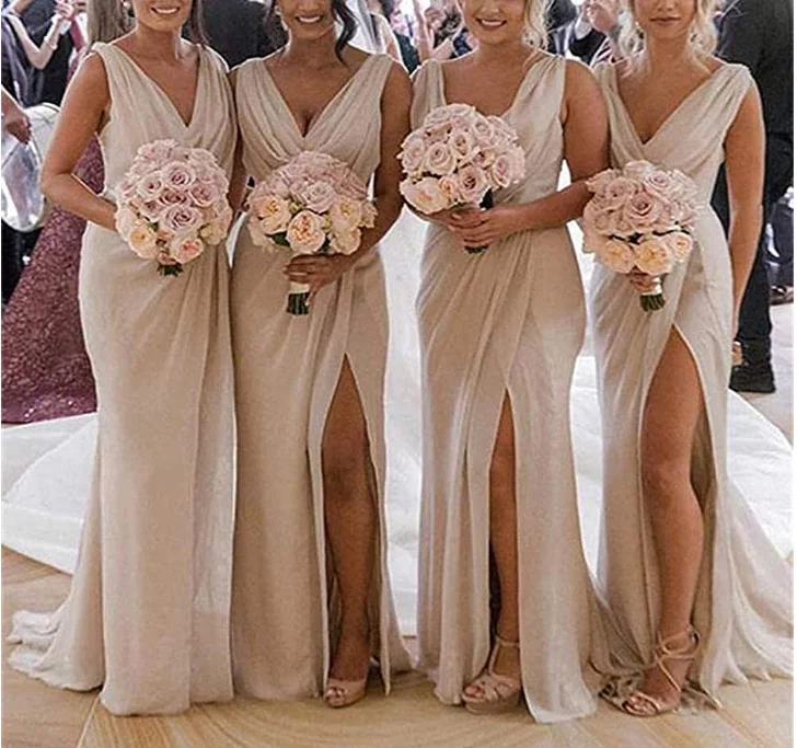 ANGELSBRIDEP Mint Green Bridesmaid Dress Women\'s Chiffon Pleated V-Neck A-Line Long Wedding Party Dress Formal Bride Guest Gowns