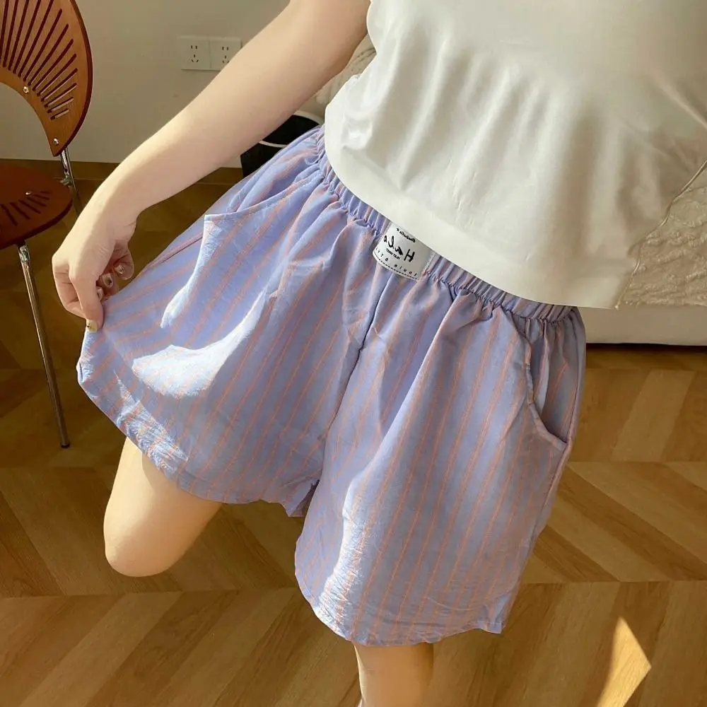 Spring Summer Casual Shorts Women Chic Baggy Stripe Short Pants High Waist Elastic Waistband Thin Loose Shorts Indoor Outdoor