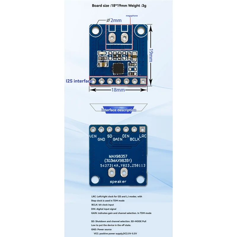Новый-MAX98357 модуль усилителя мощности I2S 8 кГц-96 кГц модуль аудиоусилителя класса D Forraspberry Pi/Arduino/ESP32