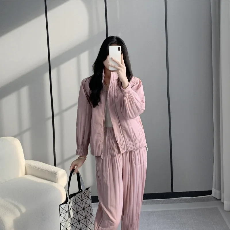 Miyake Fold Autumn/Winter New Women's Cotton Robe Solid Color Simple Fashion Style Jacket with Cotton Pants