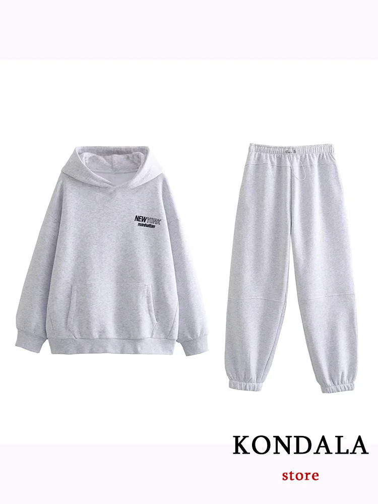 KONDALA Vintage Casual Grey Solid Women Suit Long Sleeve Hooded Sweatshirts Loose Drawstring Pants Chic Fashion 2023 Autumn Sets