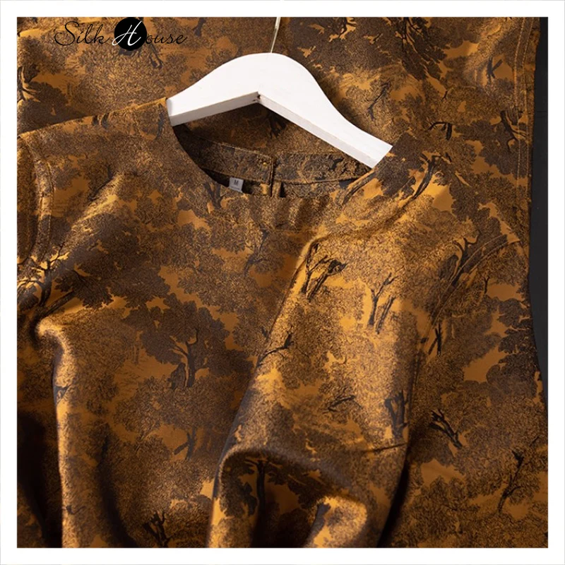 2025 Women's Early Autumn Fashion New Coffee Forest 100% Natural Mulberry Silk Song Brocade Round Neck Short Sleeved Retro Dress
