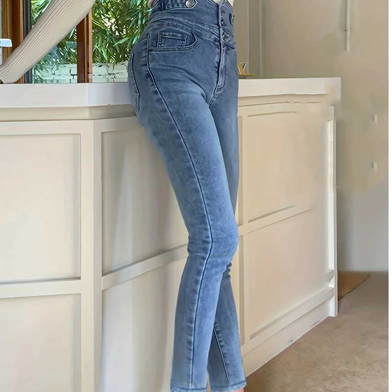 Women's Y2K High Waist Fleece Lined Jeans Multi-Button Slim Fit Denim Pants Vintage Elegant Wash Single Row