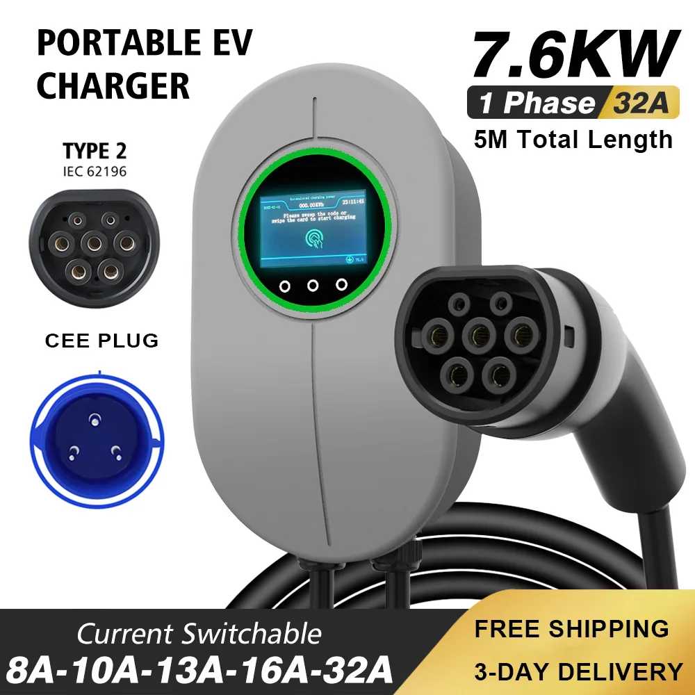 

Lonlink Portable EV Charger Wallbox 5M Cable Type 2 7KW 32A 1/3 Phase CEE Socket EVSE Charging Box for Electric Vehicle Charger