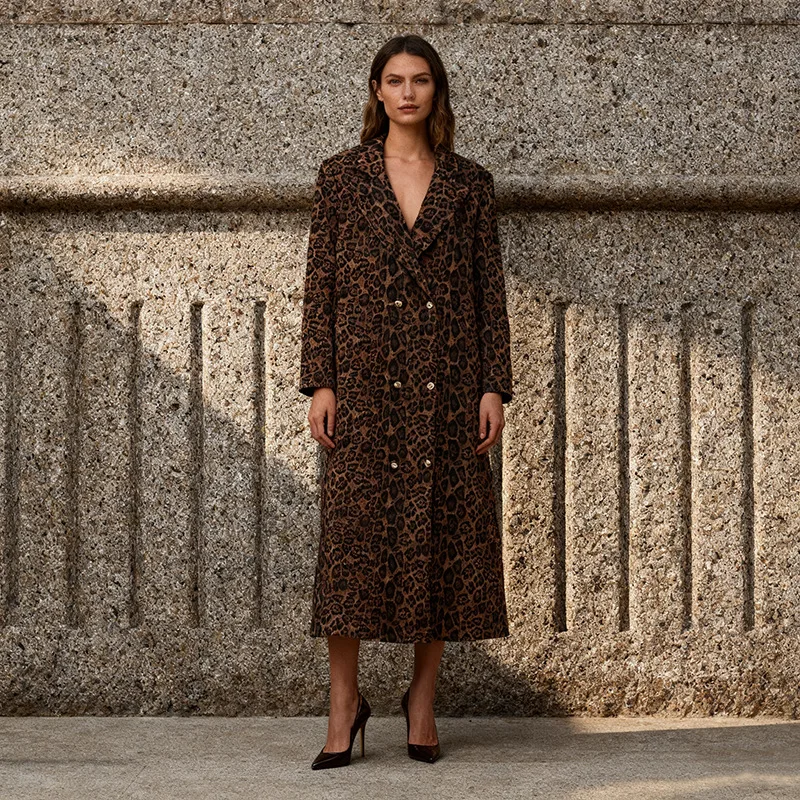 

Women's Leopard Print Trench Coat Autumn Winter Street Style Trend Fashion Outerwear