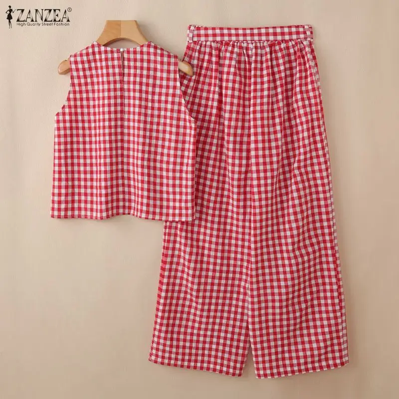 Women Summer Gingham 2 Piece Pant Sets O-Neck Tank Top & Belted Pant Suits ZANZEA Casual Everyday Wear Commute 2pcs Sets Outfits