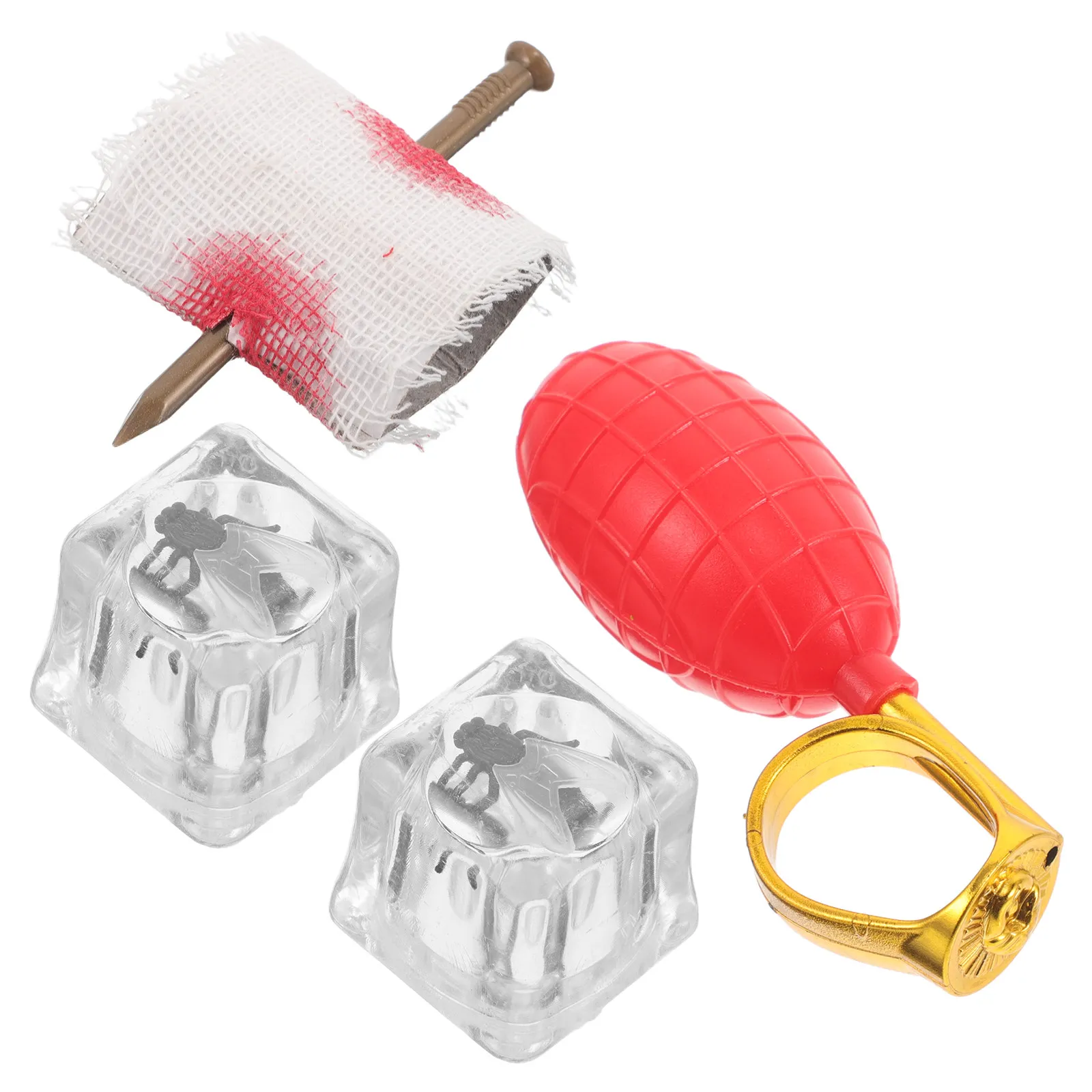 4Pcs Prank Set Surprise Party Props Water Spray Ring Fake Nail Through Finger Realistic Bugs Ice Cubes April Fools Halloween