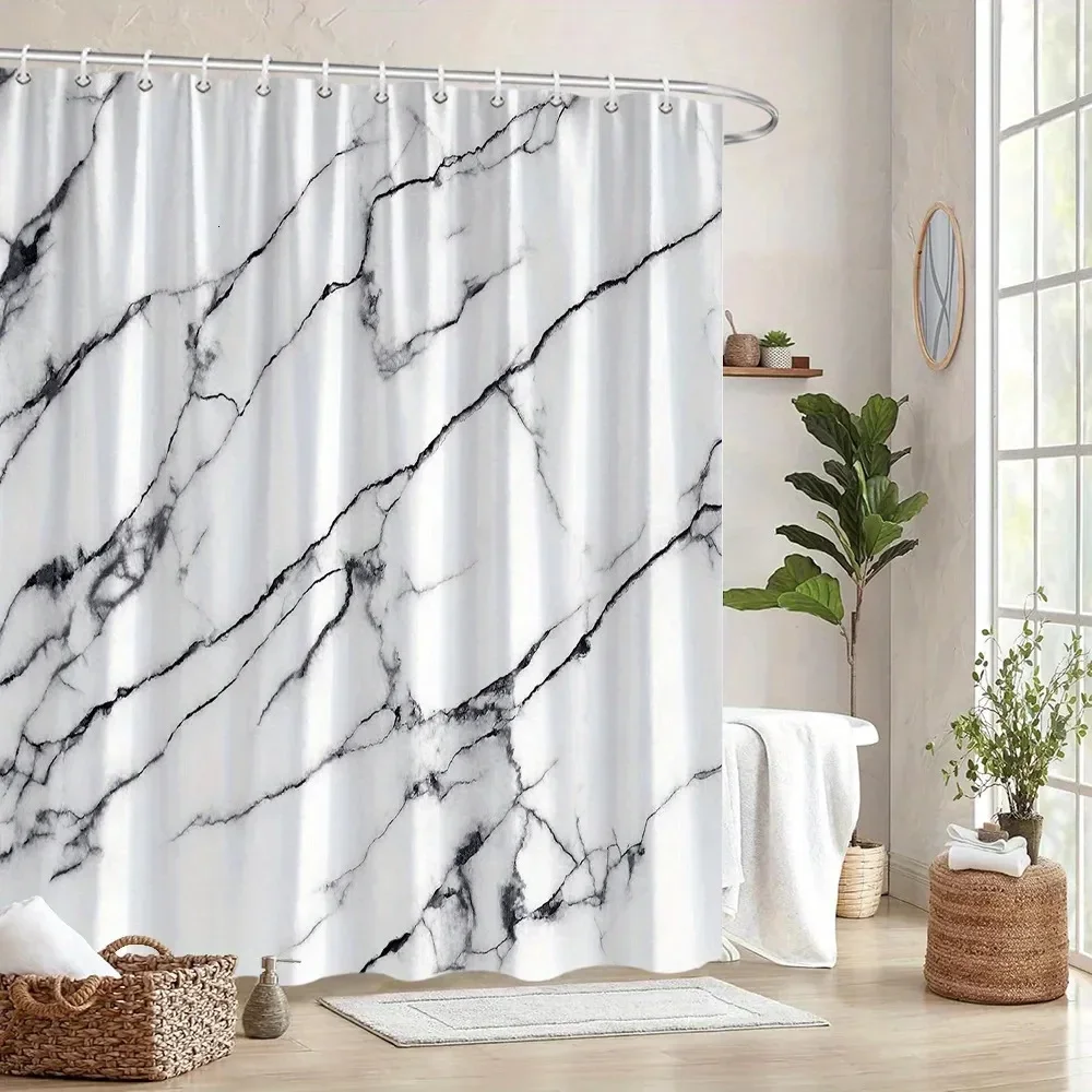 

White Marble Print Shower Curtain, Modern Stone Pattern, Waterproof Polyester Bathroom Curtain with Hooks