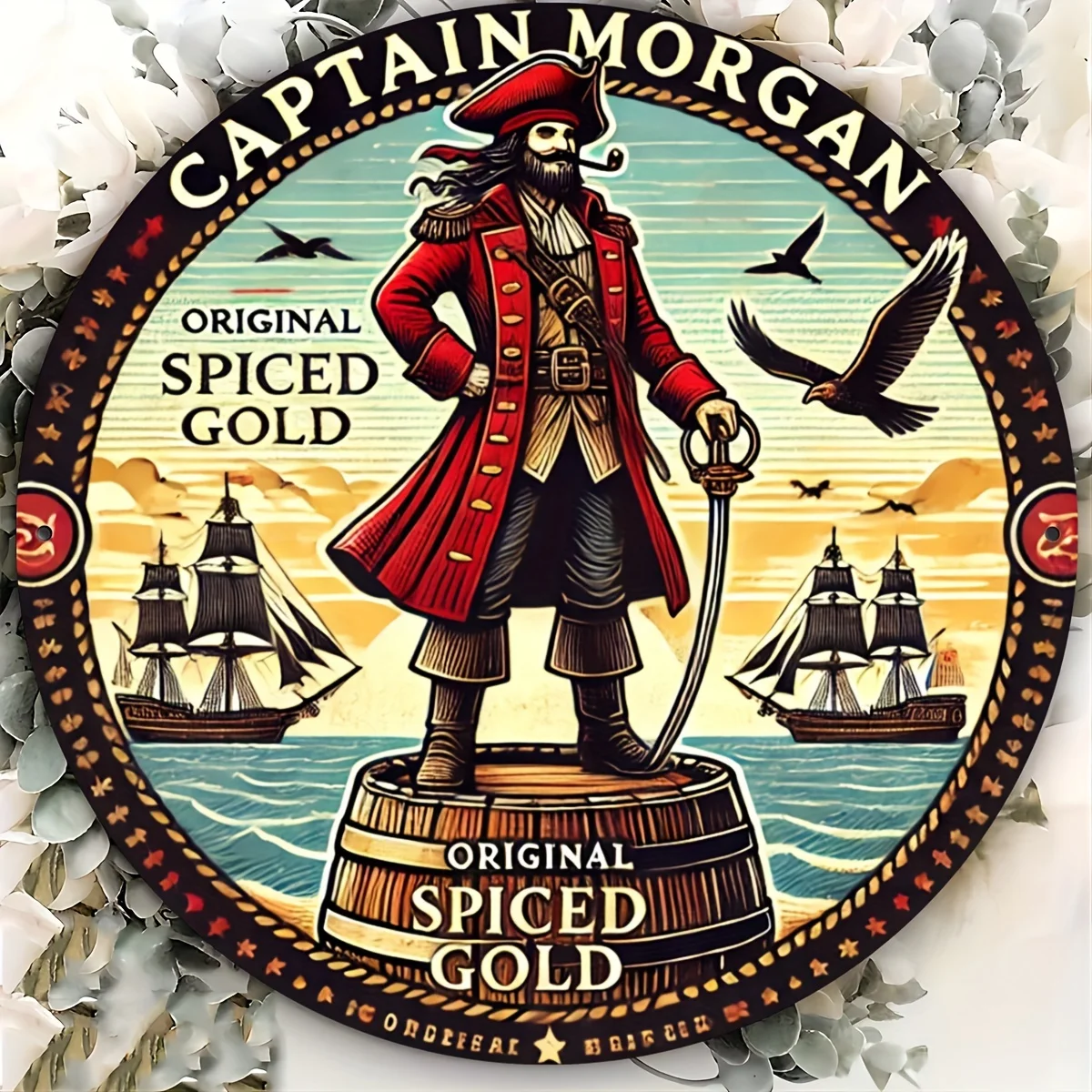 علامة نقش من رقائق الألومنيوم المستديرة الذهبية المتبلة الأصلية من كابتن مورغان، ديكور جداري متعدد الأغراض للمنزل والبار