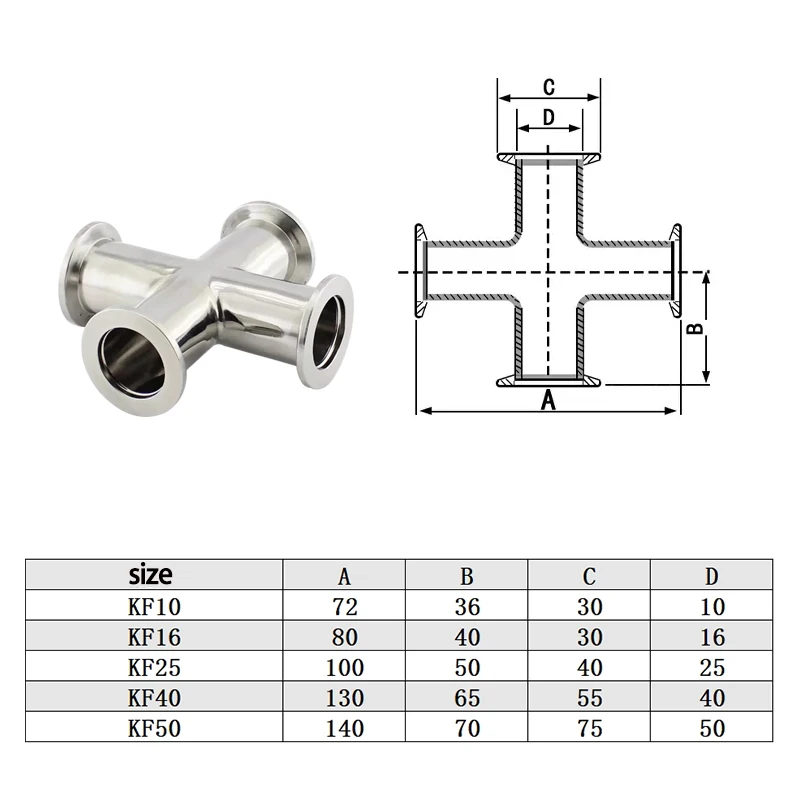 KF10 KF16 KF25 KF40 KF50 Vacuum Cross Flange Tube Equal Diameter 4-way Pipe SS304 Vacuum Flange Fitting Equal Four-way Joints