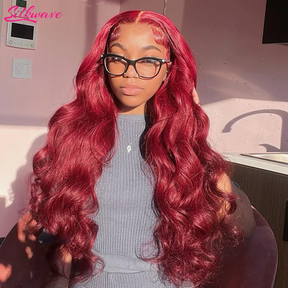 

Silkwave Body Wave 99j Бордовый парик из натуральных волос на кружеве спереди, предварительно выщипанные, 13x6 Hd, прозрачные кружевные 30-дюймовые цветные парики для женщин