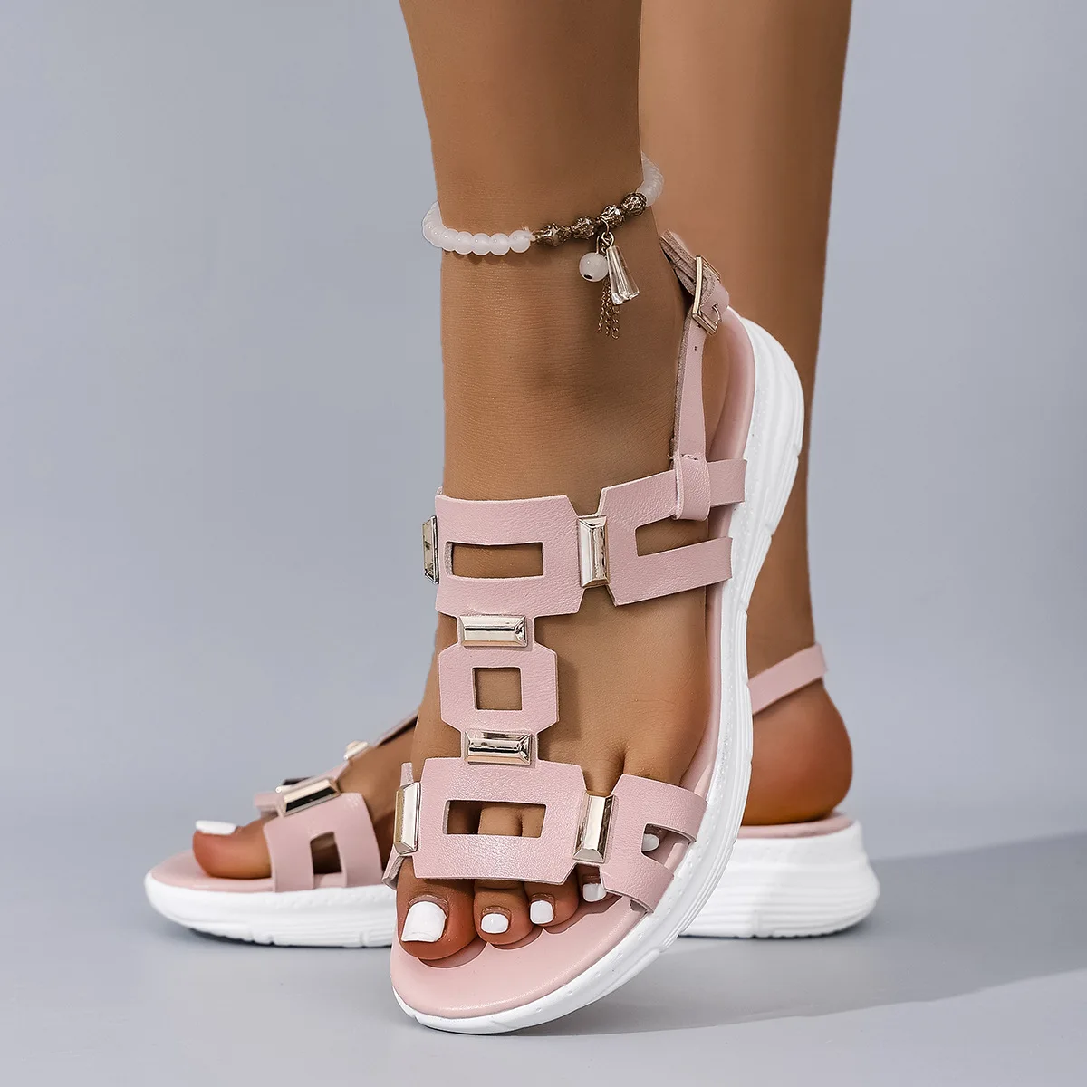 

Summer New Round Headed Leather Ladies' Sandals Wedge Casual Beach Shoes Comfortable Footwear with Metal Decoration for Women