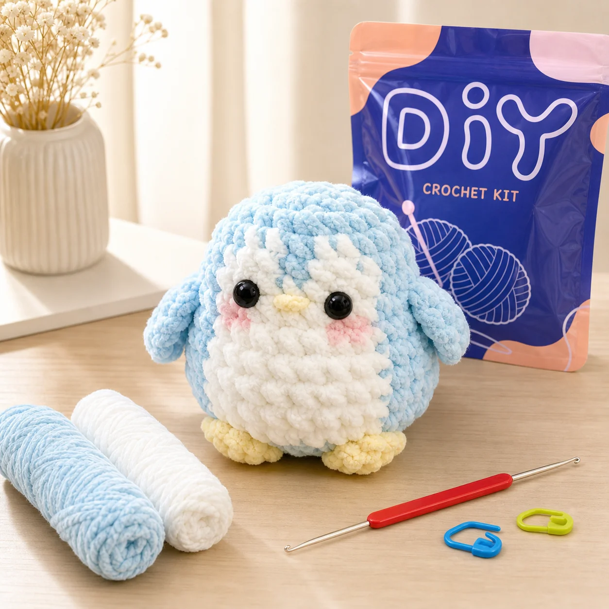 Blaues Pinguin-Häkelset für Anfänger Chenille-Garn DIY-Bastelset mit Schritt-für-Schritt-Anleitung – Detail 5