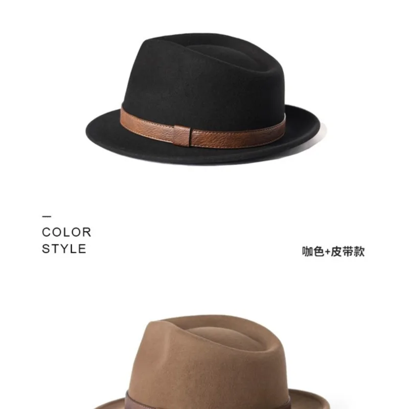 New men's vintage jazz hat with curly brim top Dark wind wool small casual plus size