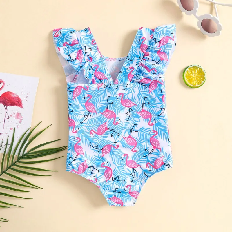 1-5T estate neonate Bikini tuta bambini cartone animato Flamingo foglia stampa arruffato senza maniche costume da bagno costumi da bagno costume da