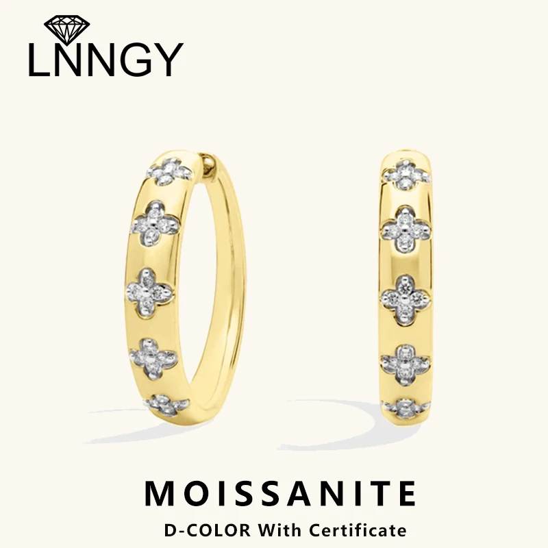 

Lnngy Certified 925 Sterling Silver Four Leaf Clover Earrings 0.2CTTW Moissanite Hoop Earring For Women Wedding Jewelry Gift