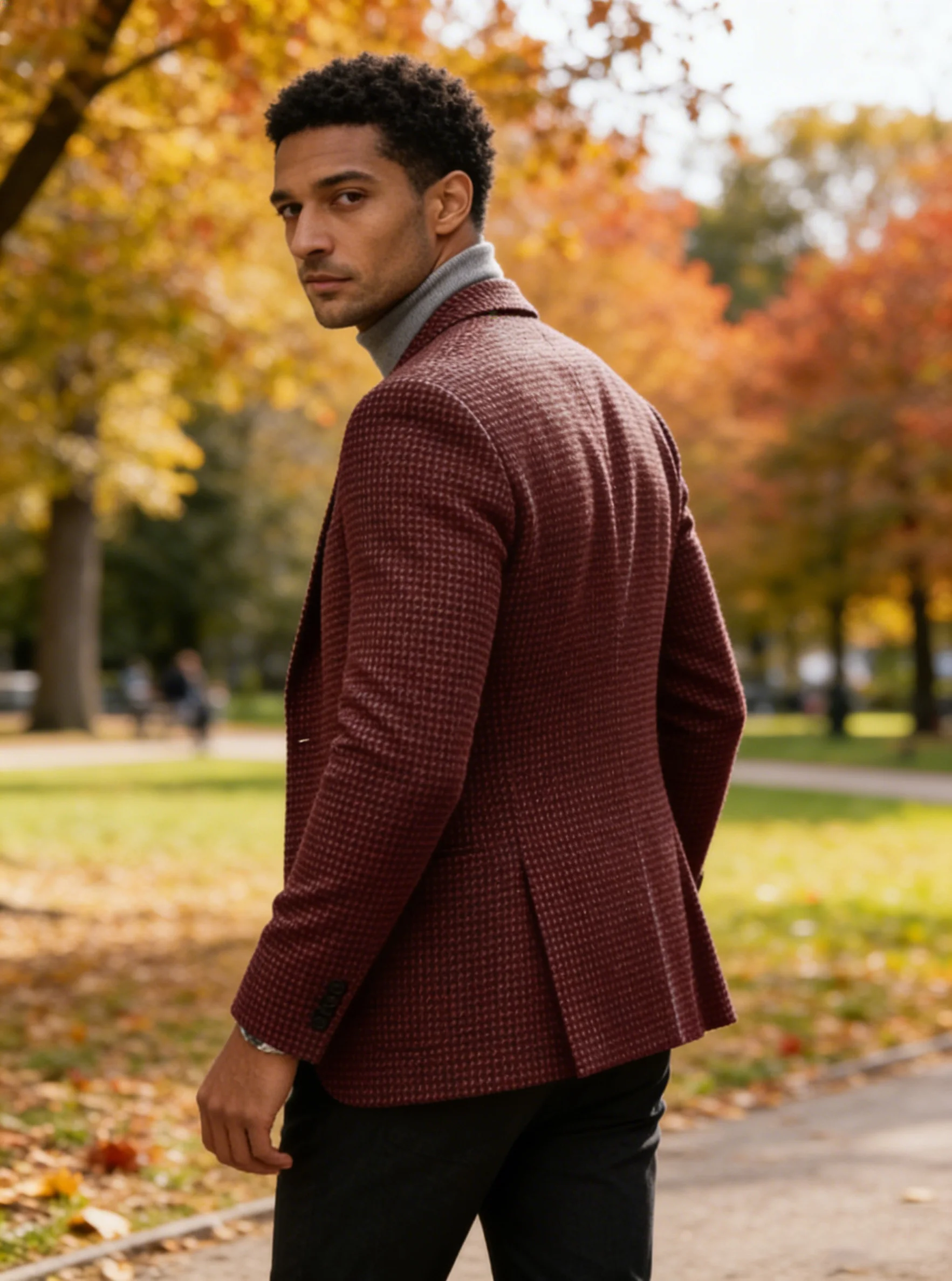 Men's Vintage Houndstooth Tweed Blazer Burgundy Slim Fit Notch Lapel Patch Pocket Fashion Two Buttons Business Casual Jacket image 6