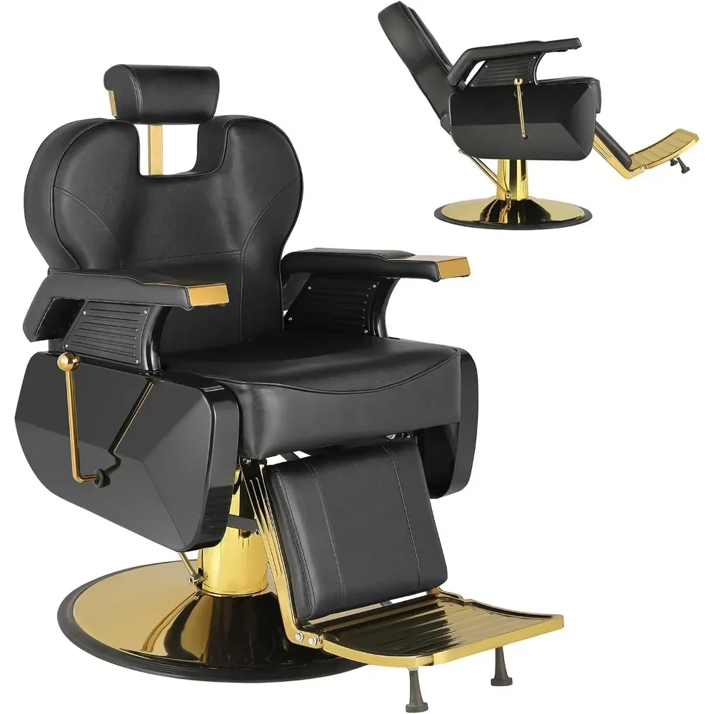 Barber Chair, Hydraulic Black Gold Reclining Barbershop Chair, All Purpose Hair Styling Chair for Beauty Shampoo Tattoo Pedicure