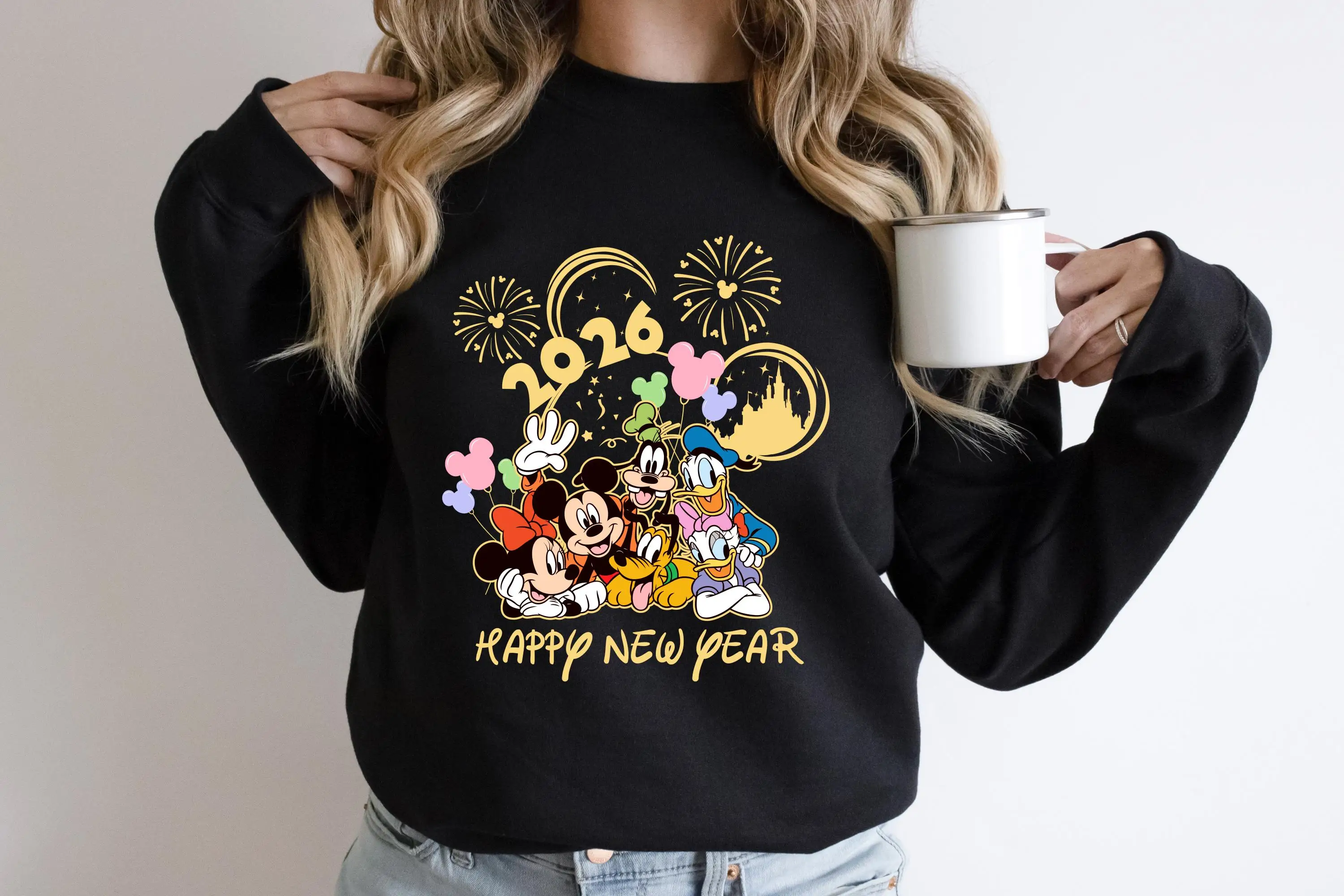 سترة بقلنسوة للعطلات العائلية لعام 2026 السعيد للعام الجديد من ديزني، تتميز بقلنسوة ميكي وميني ودونالد داك وديزي وجوي وبلوتو #1