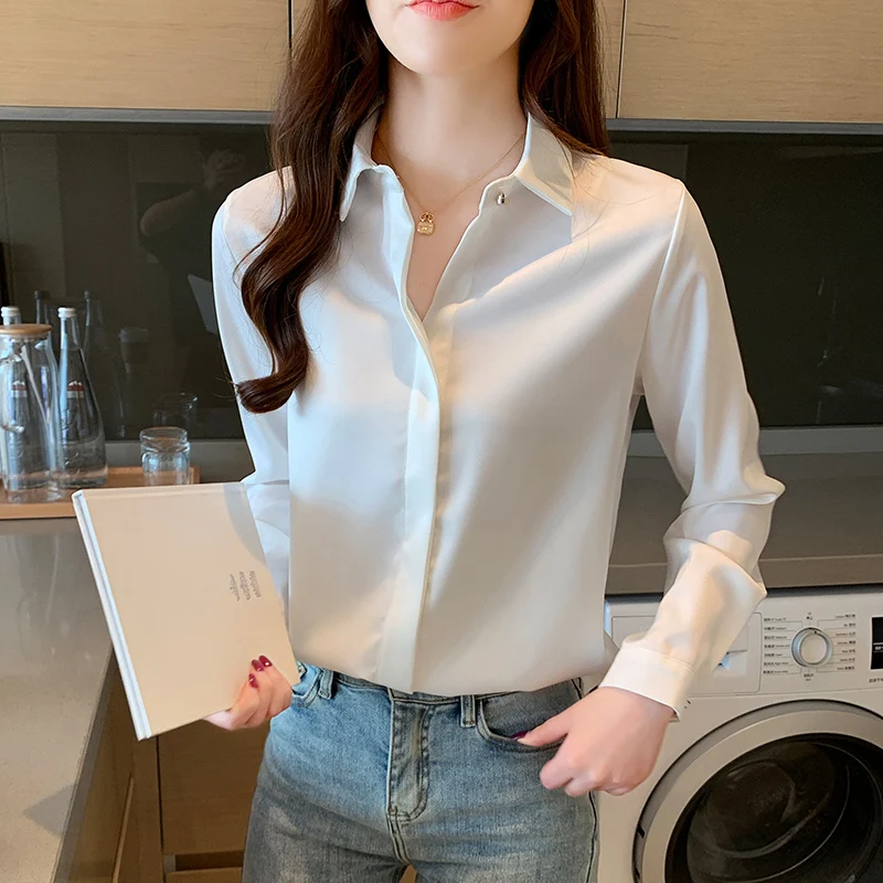 2023 Autumn Women\'s Shirts Satin Blouse for Women Long Sleeve Shirt Silk White Shirt OL Woman Solid Blouses Pullover Ladies Tops