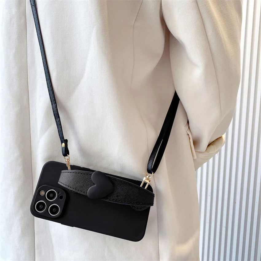 아이폰 16 15 14 13 Pro 12 11 Max Plus 16Pro 브라켓 폰 케이스 가죽 크로스바디 소프트 15Pro 커버 러브 손목 스트랩 폰 케이스