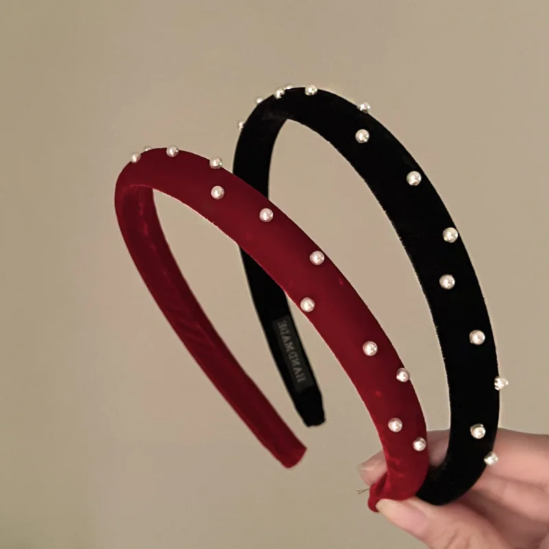 French vintage sweet wine red pearl velvet headband girls go out with everything simple fine edge headband headwear