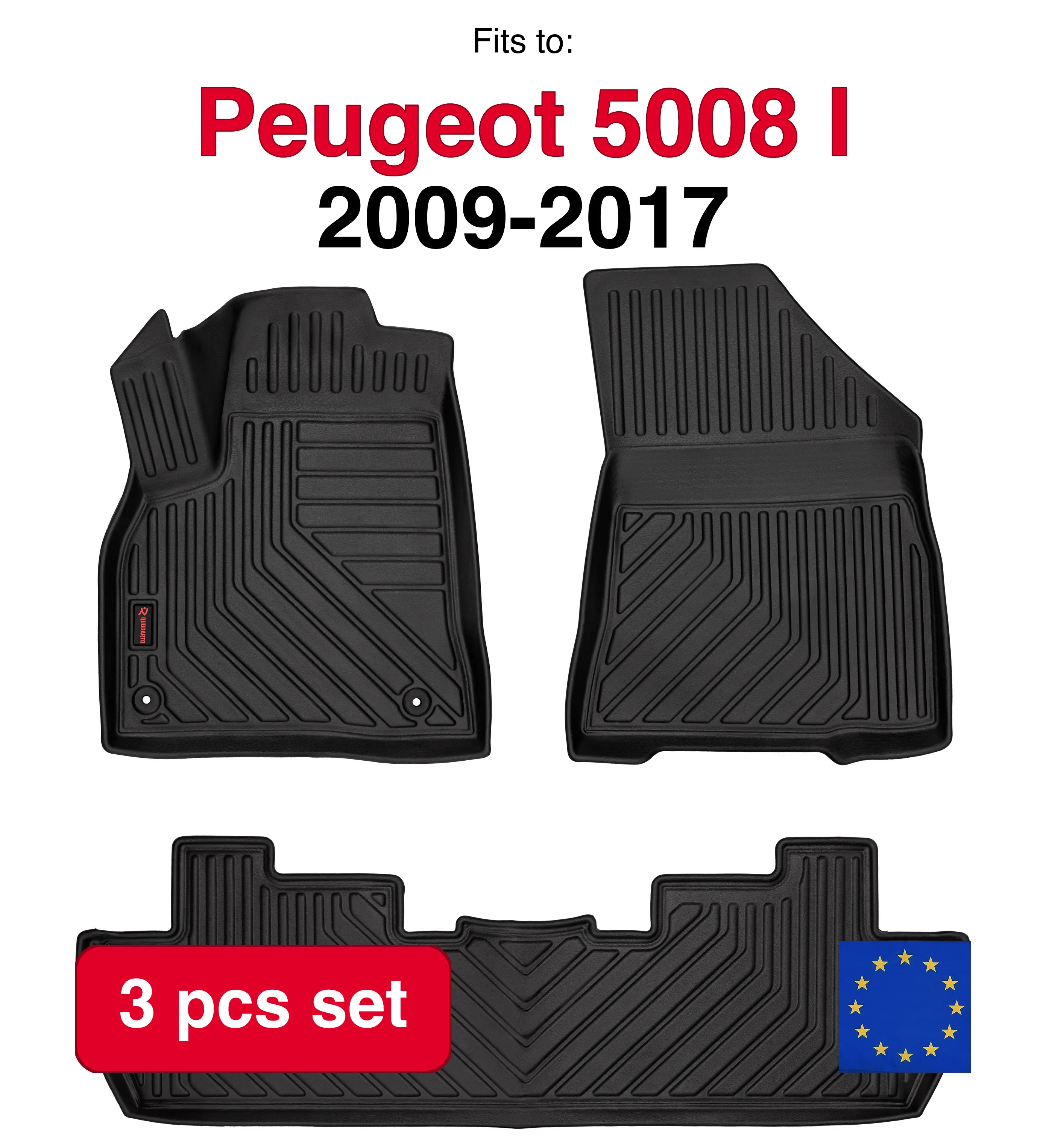 3D rubberen autokappen voor Peugeot 5008 en Crossover (2009-2017) - zwarte pasvorm (3 stuks)
