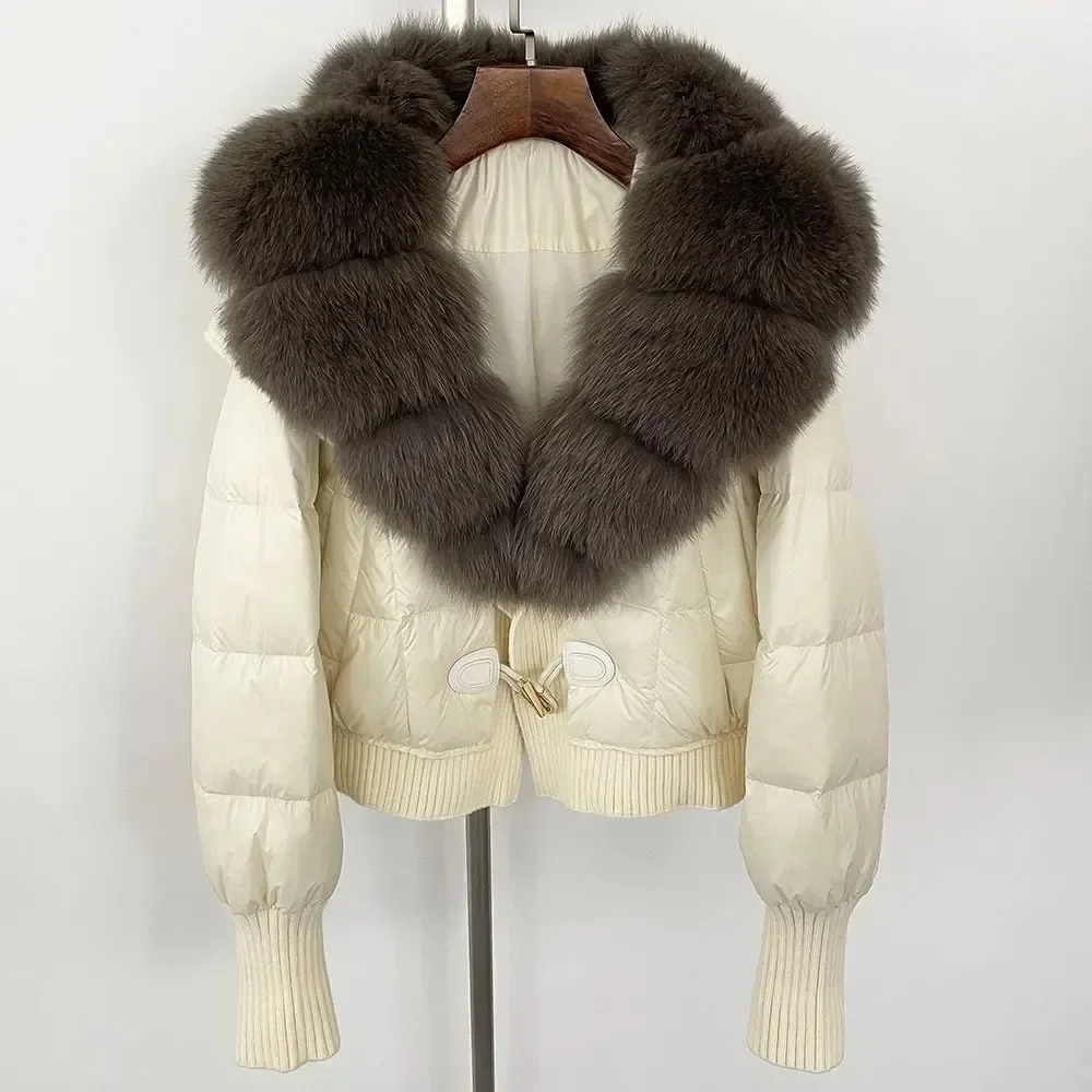 여성용 화이트 덕 다운 재킷 2025 가을 겨울 패션 캐주얼 신상품 리얼 내추럴 폭스 퍼 칼라 두꺼운 따뜻한 숏 코트