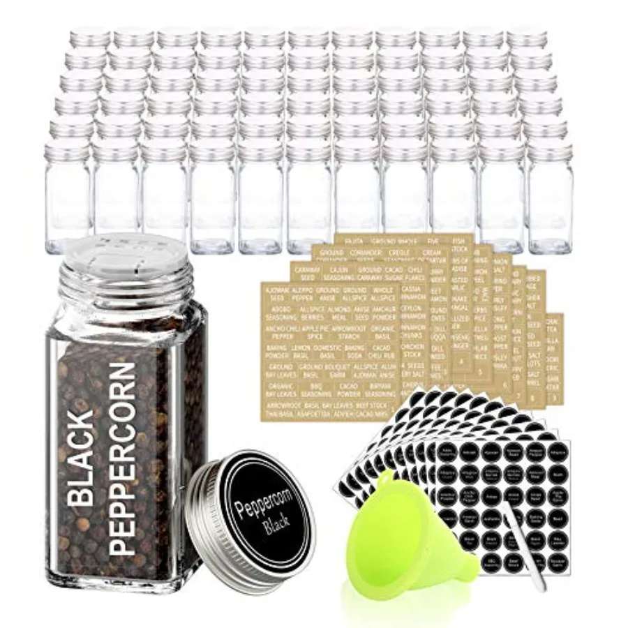 

Glass Spice Jars with 703 Spice Labels Chalk Marker and Funnel Complete Set. Square Glass Jars 4oz Airtight Cap Pour/sift Shake