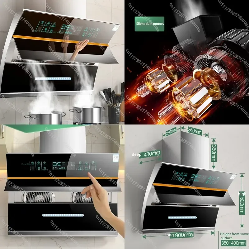 90cm Wall Mounted Range Hood Side Suction 220V Intelligent Self Cleaning Kitchen Exhaust Fan Smoke Extractor Ventilation
