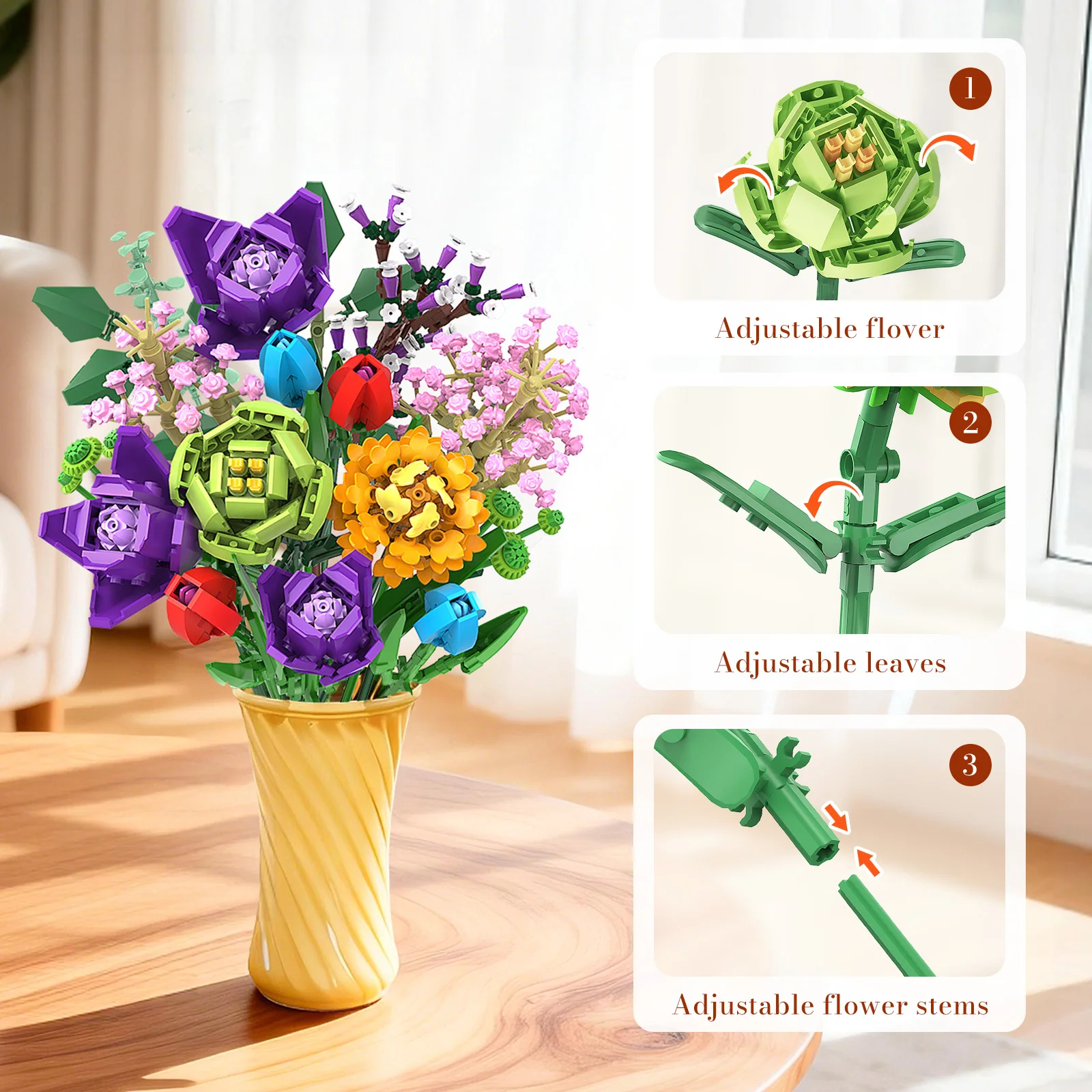 KAVOWORLD MOC Flower Model Building Blocks 12 Flowers DIY Artificial Botanical Bricks Kit Home Office Decor Gift for Women Teens