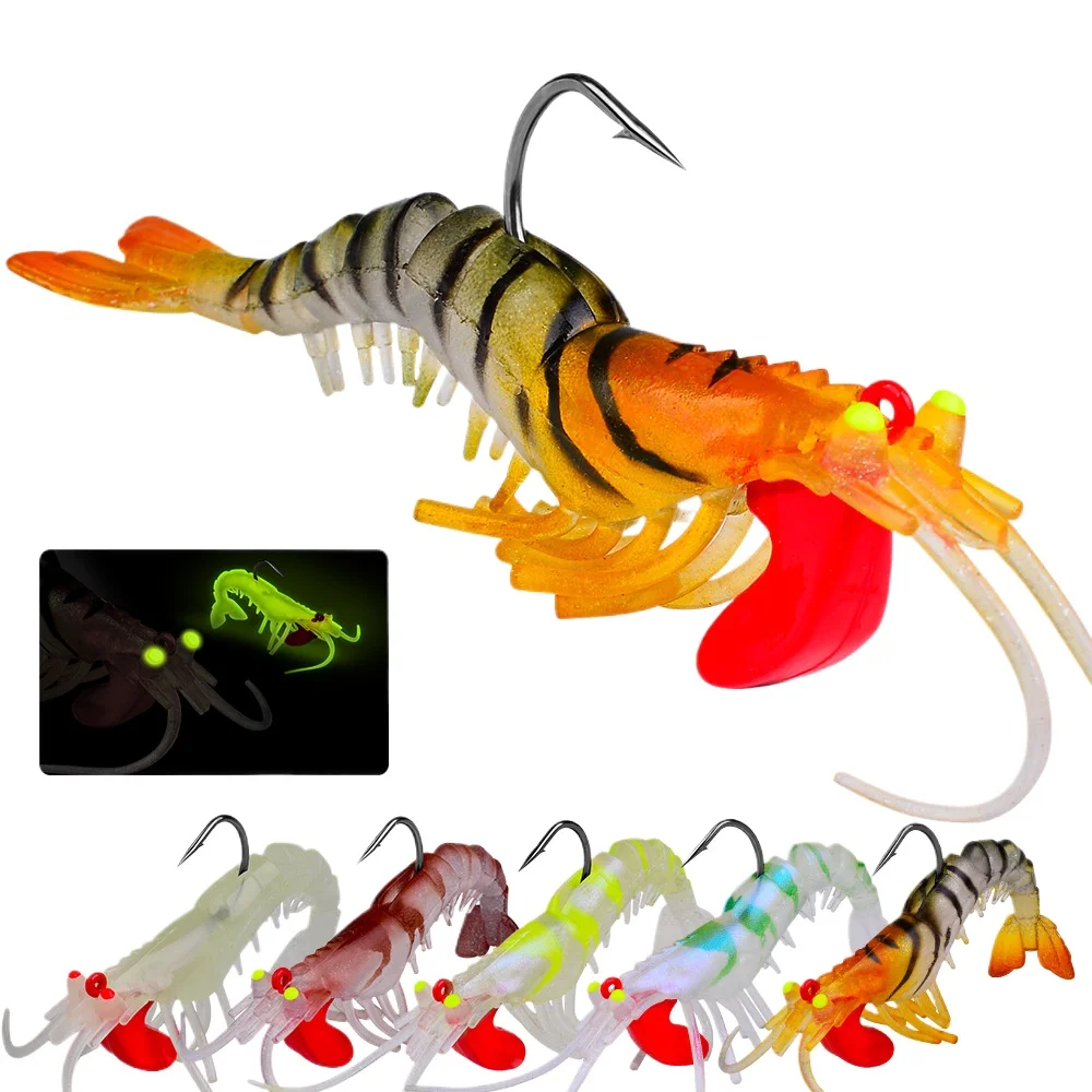 【5pcs】Glow in the Dark 5-Section Soft Shrimp Lure with Lead Head 7.3cm 10cm 13.5cm Fishing Bait