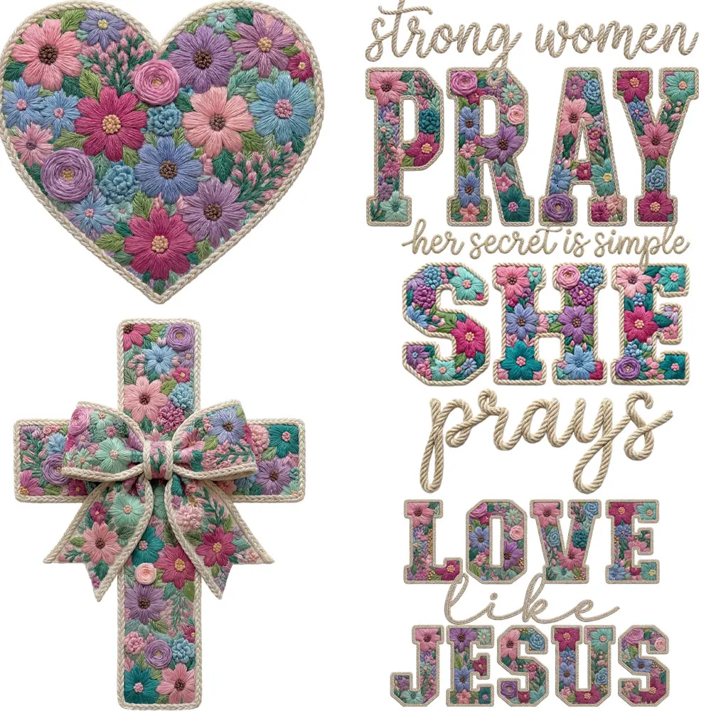 3D Embroidery Floral Christian Iron On Patches Stickers Women Pray Love Like Jesus Heat Transfer Stickers Cross Heart DTF Transf