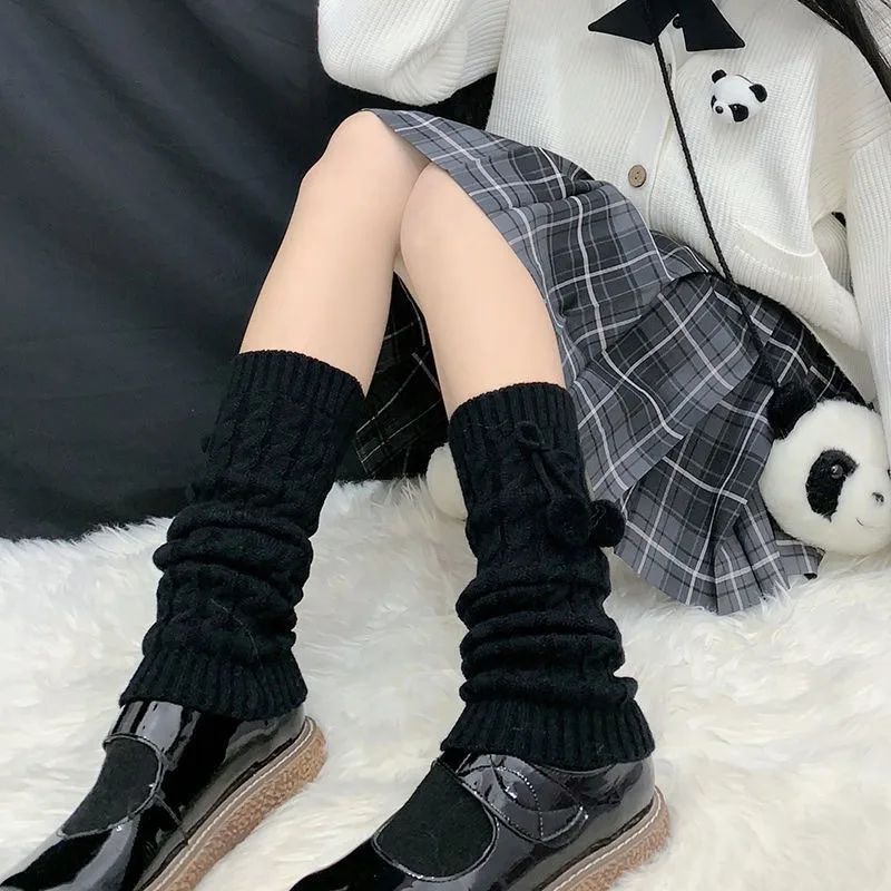 Women's Fluffy Pom Sock Leg Warmers Knit White Black Thickened Thermal Winter Boot Cuffs Cozy Soft Woolen