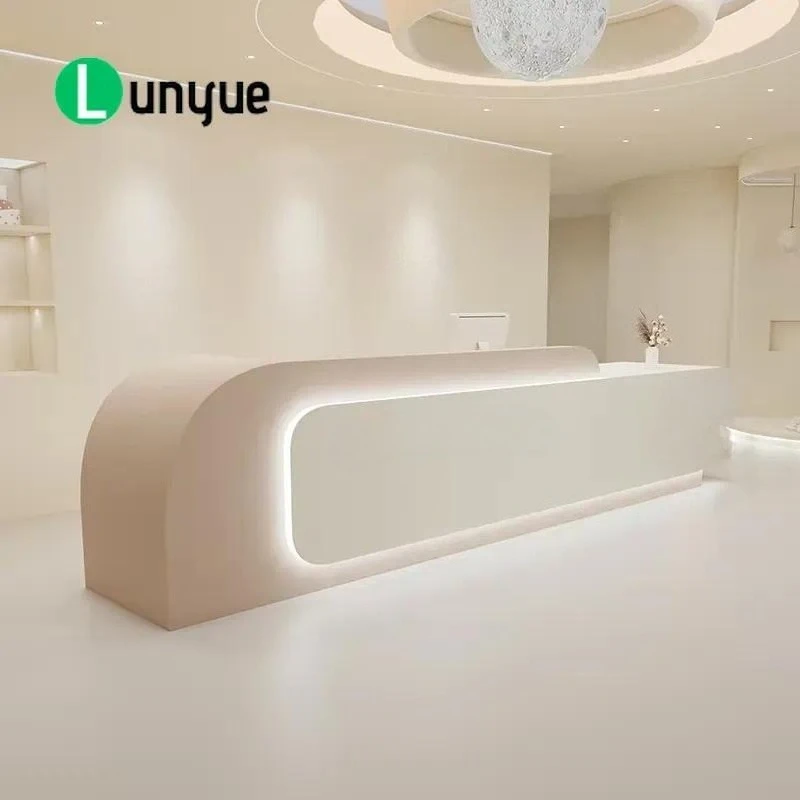 Modern LED Wooden Reception Desk I Shape Front Office Counter Cashier Table for Hotel Lobby Business Reception Area Stylish