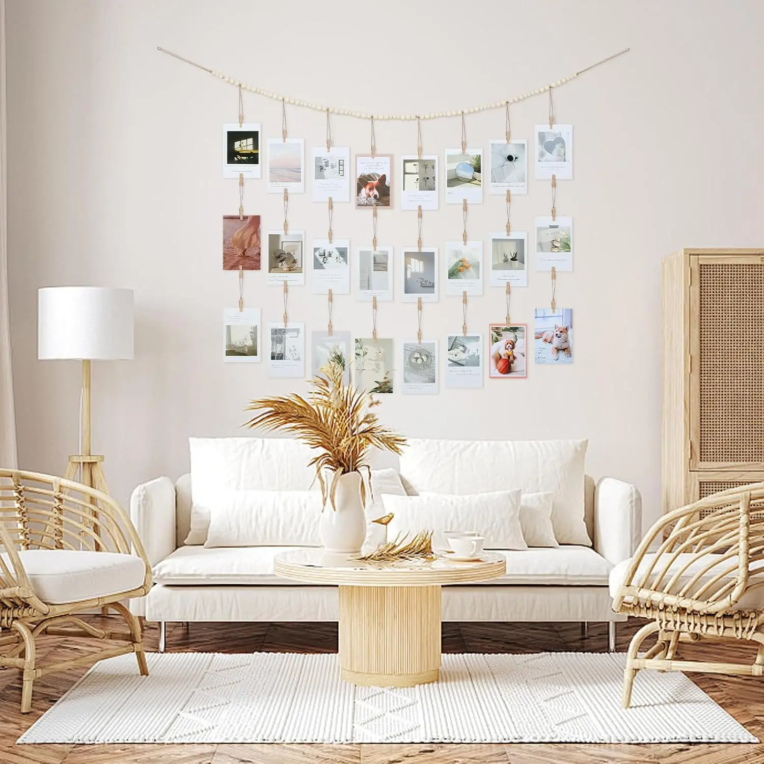 

Hanging Photo Display with Clips Wall Decor, Boho Wooden Beads Garland Picture Banner Room Dorm Decor Christmas Teen Girl Gifts