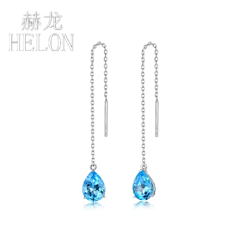 HELON Solid 18k White Gold 5X8mm Pear Natural Blue Topaz Drop Earrings Gemstone Chain Earrings Women Trendy Party Fine Jewelry