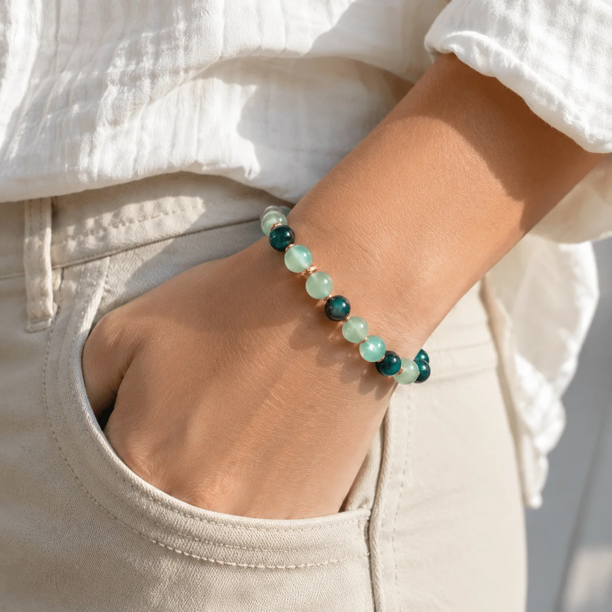 1pc Bohemian Green Beaded Bracelet,Glossy Aventurine Stone - Image 6