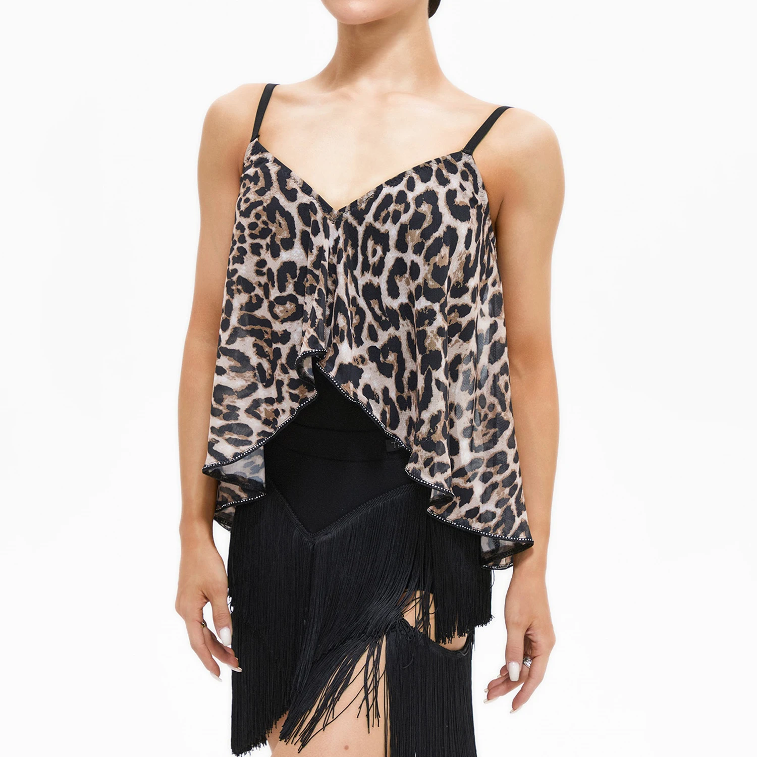 Nieuwe Latin Dans Kleding Vrouwen Zwart Luipaard Verstoorde Mesh Tops Fringe Rokken Rumba Cha Cha Dans Praktijk Voeren Jurk SS1048