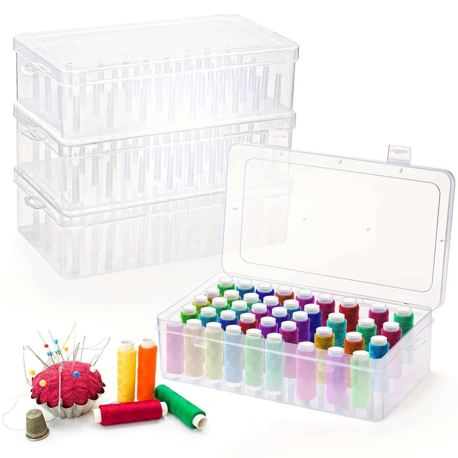 4-Piece Large Capacity Sewing Thread Storage Box with Lid- Heavy Duty PP Plastic Thread Spool Organizer, Transparent Compartment