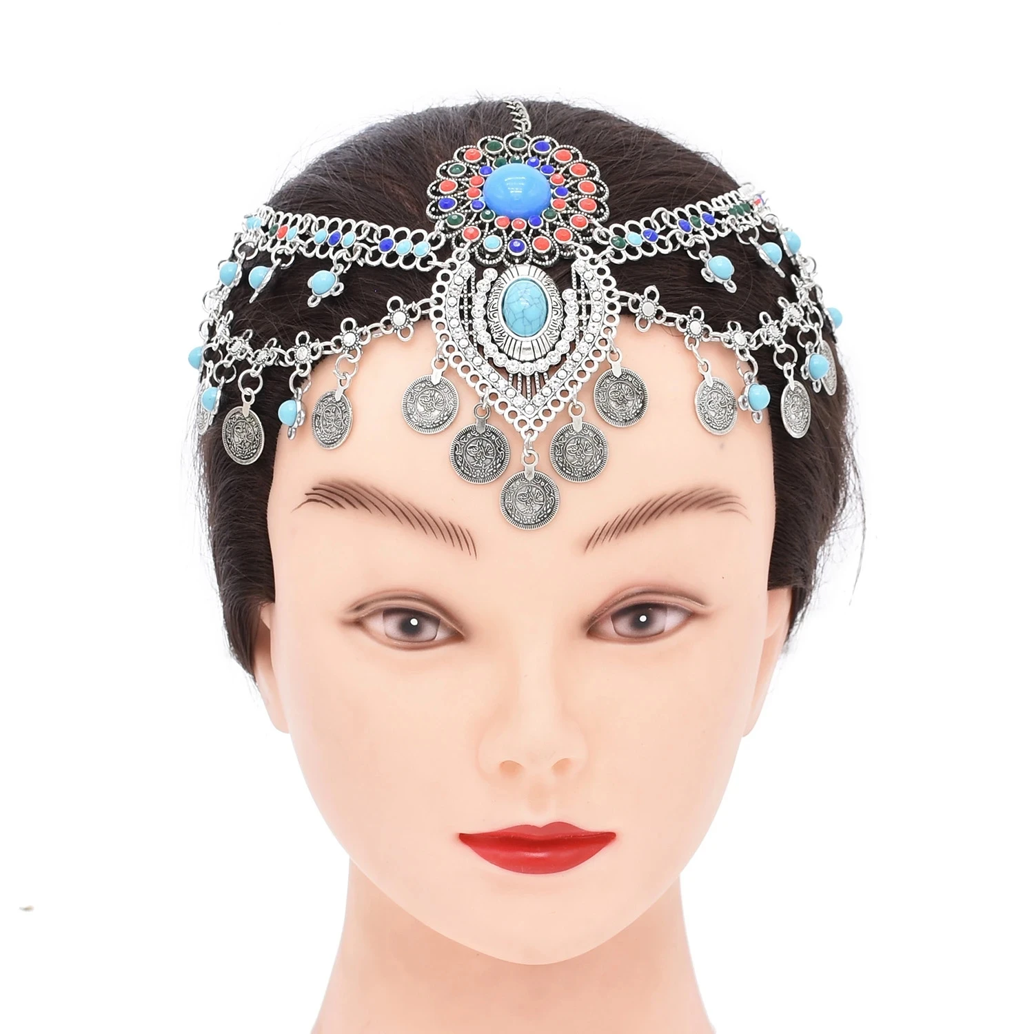 Accesorios para el cabello para mujer, tocado Retro con borla de moneda afgana gitana, flor acrílica de cristal, joyería para el cabello de la frente de la tribu étnica