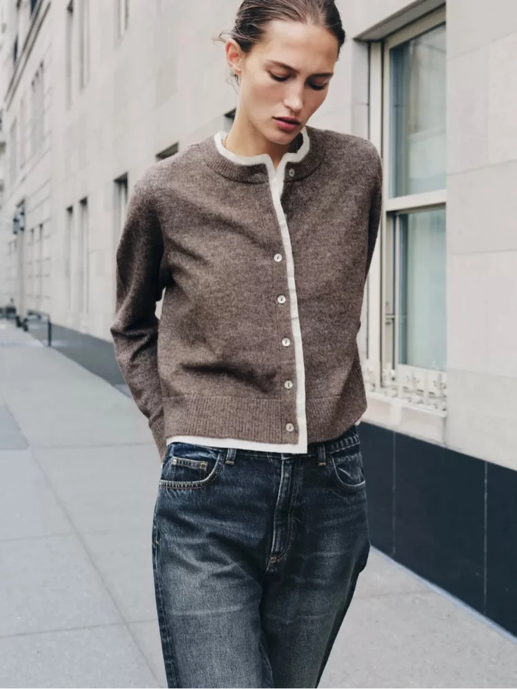 

Женский повседневный лоскутный кардиган, модный однобортный свитер с круглым вырезом и длинными рукавами, женский осенний повседневный кардиган