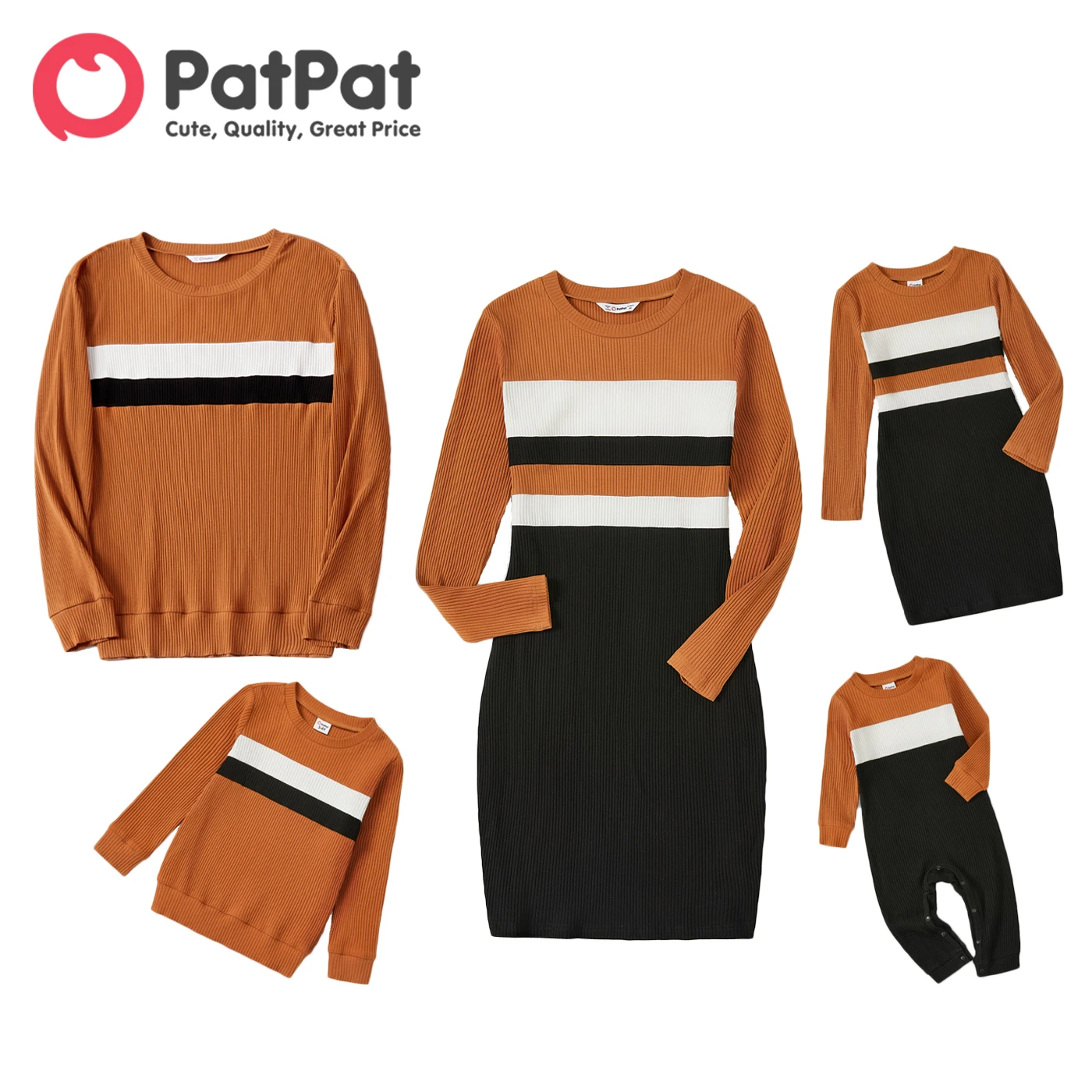 PatPat Family Matching Outfits Cotton Rib Knit Colorblock Long-sleeve Bodycon Dresses and Tops Sets