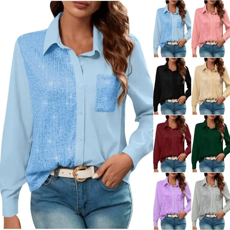 31BF Women's Sequin Tops Long Sleeve Blouses Glitter Rave Party Holiday Shirt Elegant Loose Causal Shirts for Night Out