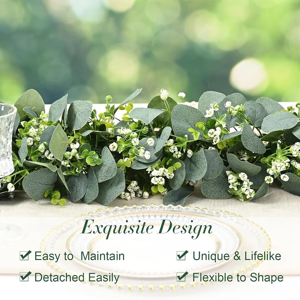 1Pcs Artificial Eucalyptus Leaves Greenery Garland Faux Plant Spring Vine With White Flowers Wedding Decoration Home Room Decor